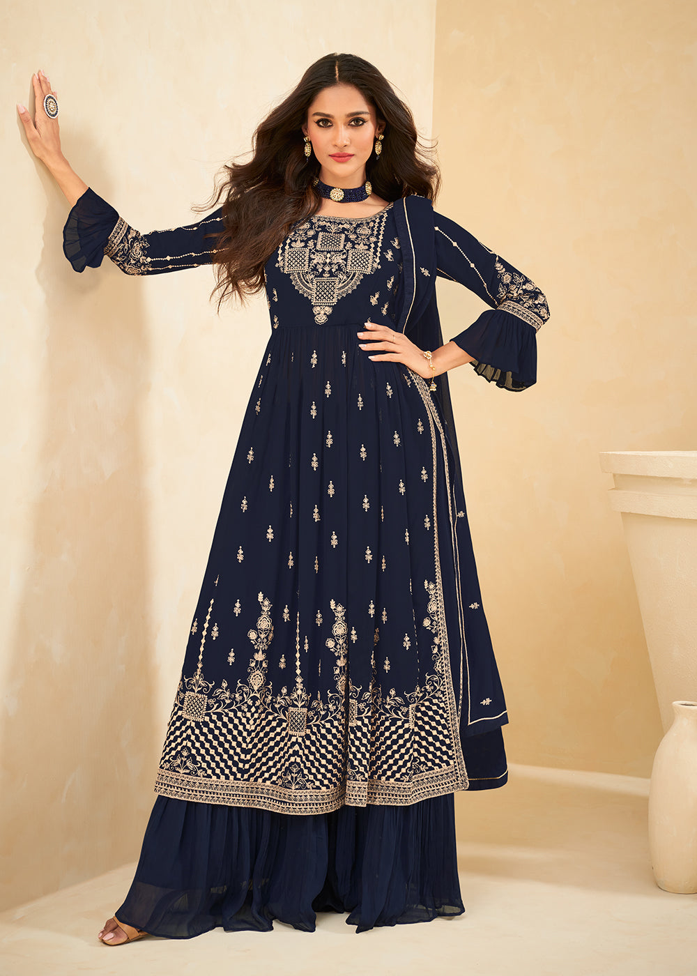 Buy Beautifully Embroidered Stunning Blue Suit - Festive Palazzo Suit