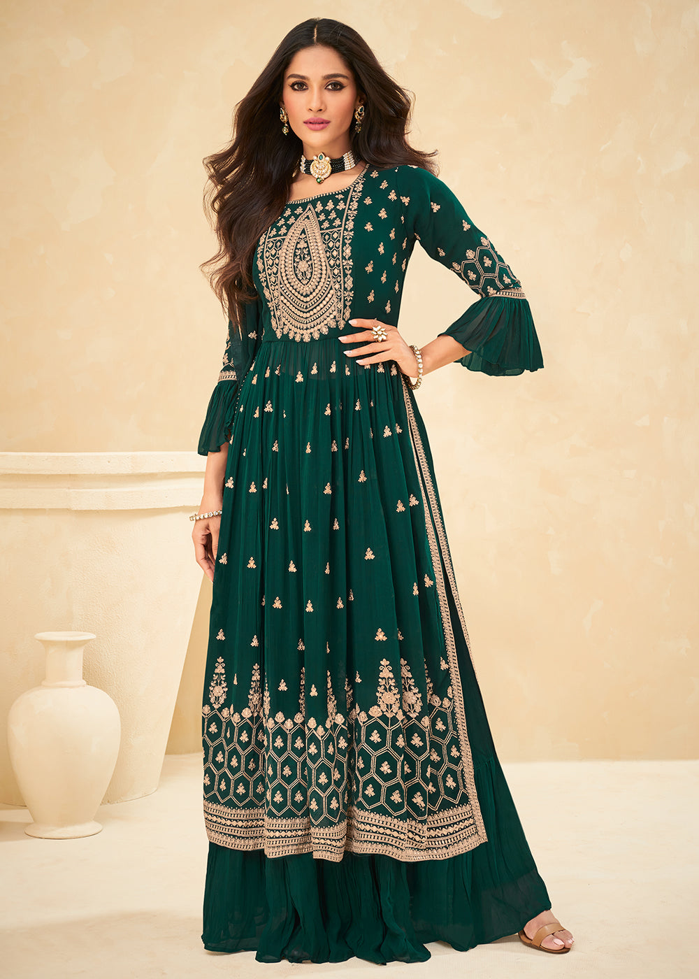 Buy Beautifully Embroidered Dark Green Suit - Festive Palazzo Suit
