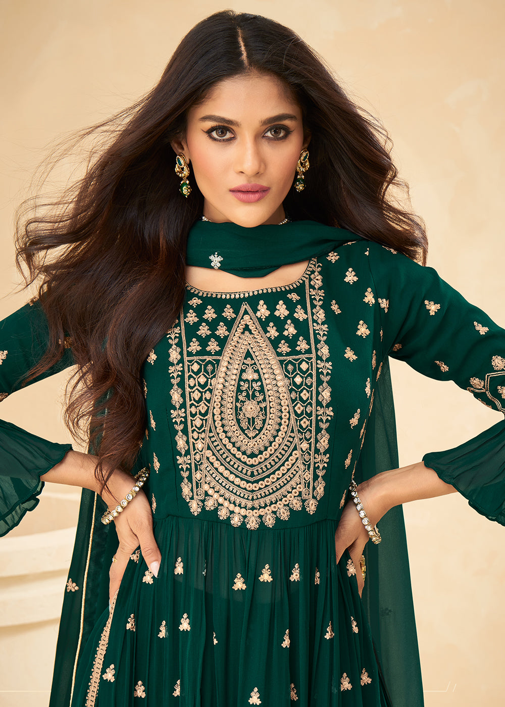 Buy Beautifully Embroidered Dark Green Suit - Festive Palazzo Suit