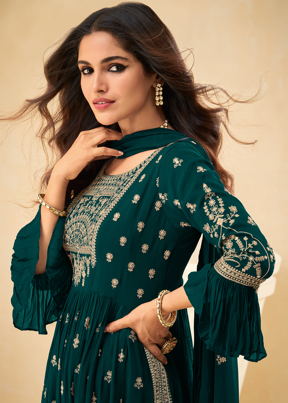 Buy Beautifully Embroidered Teal Green Suit - Festive Palazzo Suit
