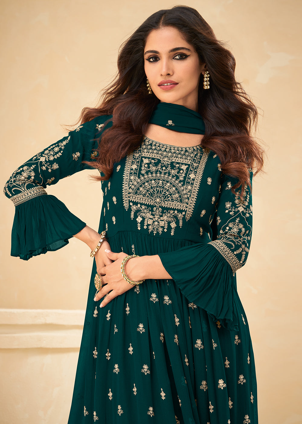 Buy Beautifully Embroidered Teal Green Suit - Festive Palazzo Suit