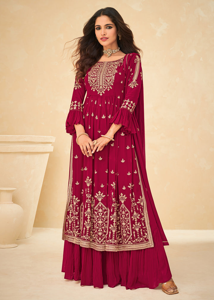 Buy Beautifully Embroidered Hot Pink Suit - Festive Palazzo Suit