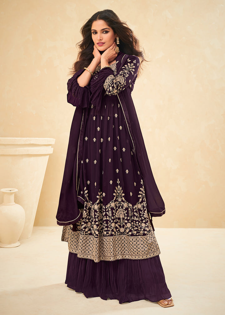 Buy Beautifully Embroidered Plum Purple Suit - Festive Palazzo Suit