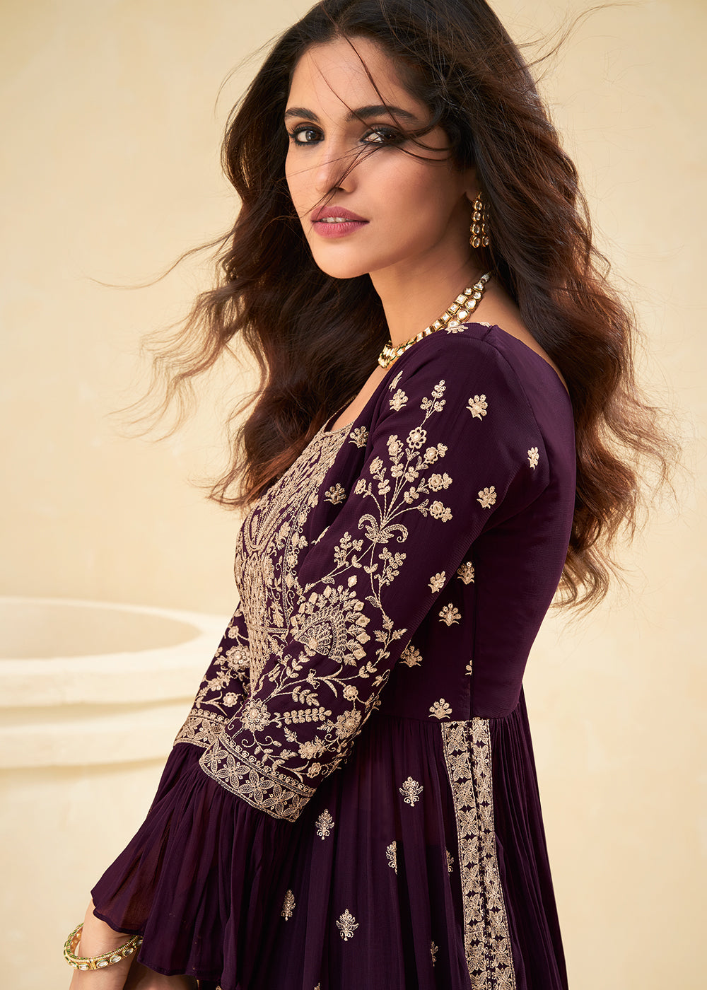 Buy Beautifully Embroidered Plum Purple Suit - Festive Palazzo Suit