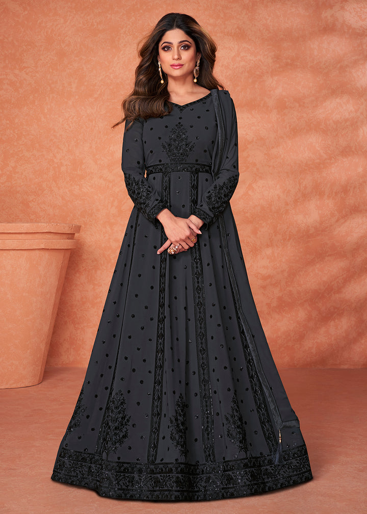 Buy Marvelous Charcoal Black Heavy Anarkali - Designer Anarkali Gown