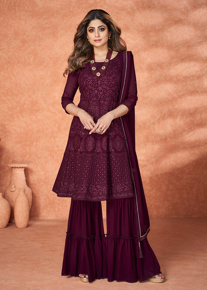 Shop Now Inventive Wine Gharara Style Wedding Festive Suit Online at Empress Clothing in USA, UK, Canada & Worldwide.