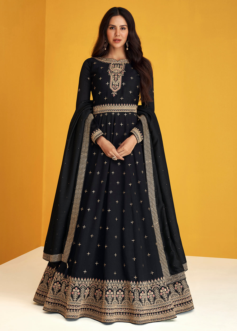 Shop Now Fabulous Black Silk Festive Anarkali Suit Online featuring Sonam Bajwa at Empress Clothing in USA.