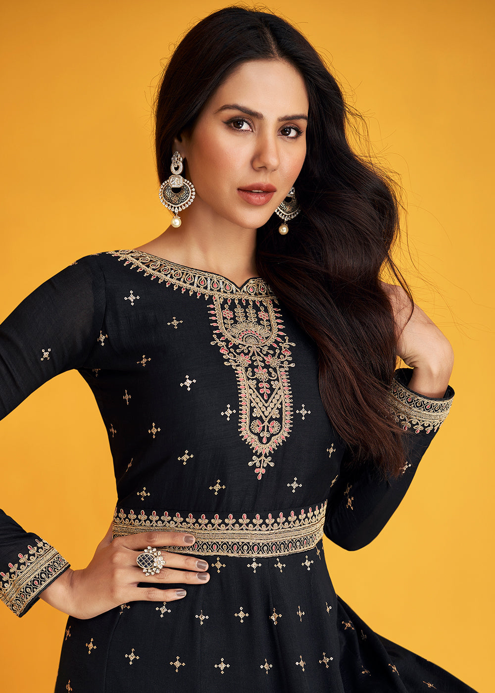 Shop Now Fabulous Black Silk Festive Anarkali Suit Online featuring Sonam Bajwa at Empress Clothing in USA.