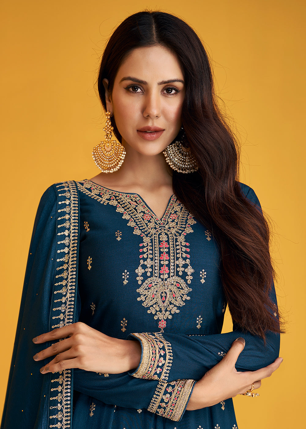 Shop Now Gorgeous Blue Silk Festive Anarkali Suit Online featuring Sonam Bajwa at Empress Clothing in USA.