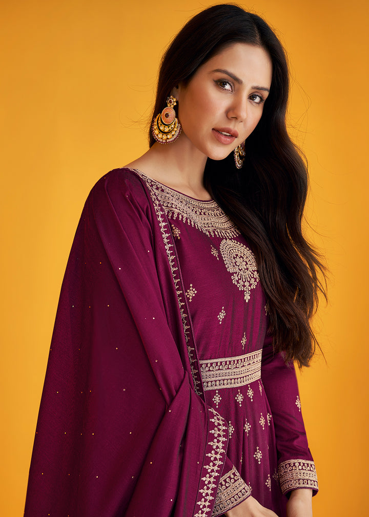 Shop Now Attractive Purple Silk Festive Anarkali Suit Online featuring Sonam Bajwa at Empress Clothing in USA.