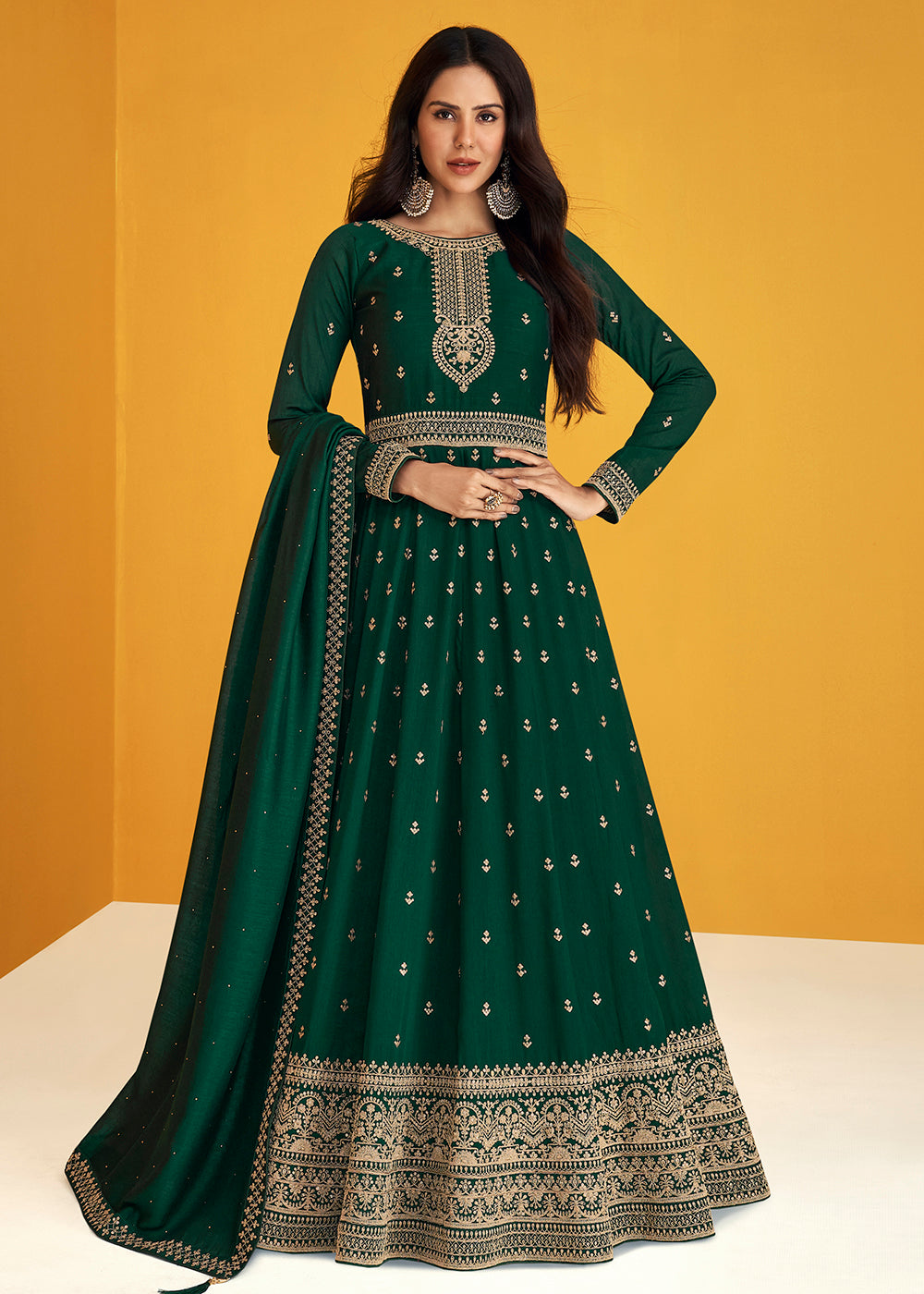 Shop Now Amazing Green Silk Festive Anarkali Suit Online featuring Sonam Bajwa at Empress Clothing in USA.