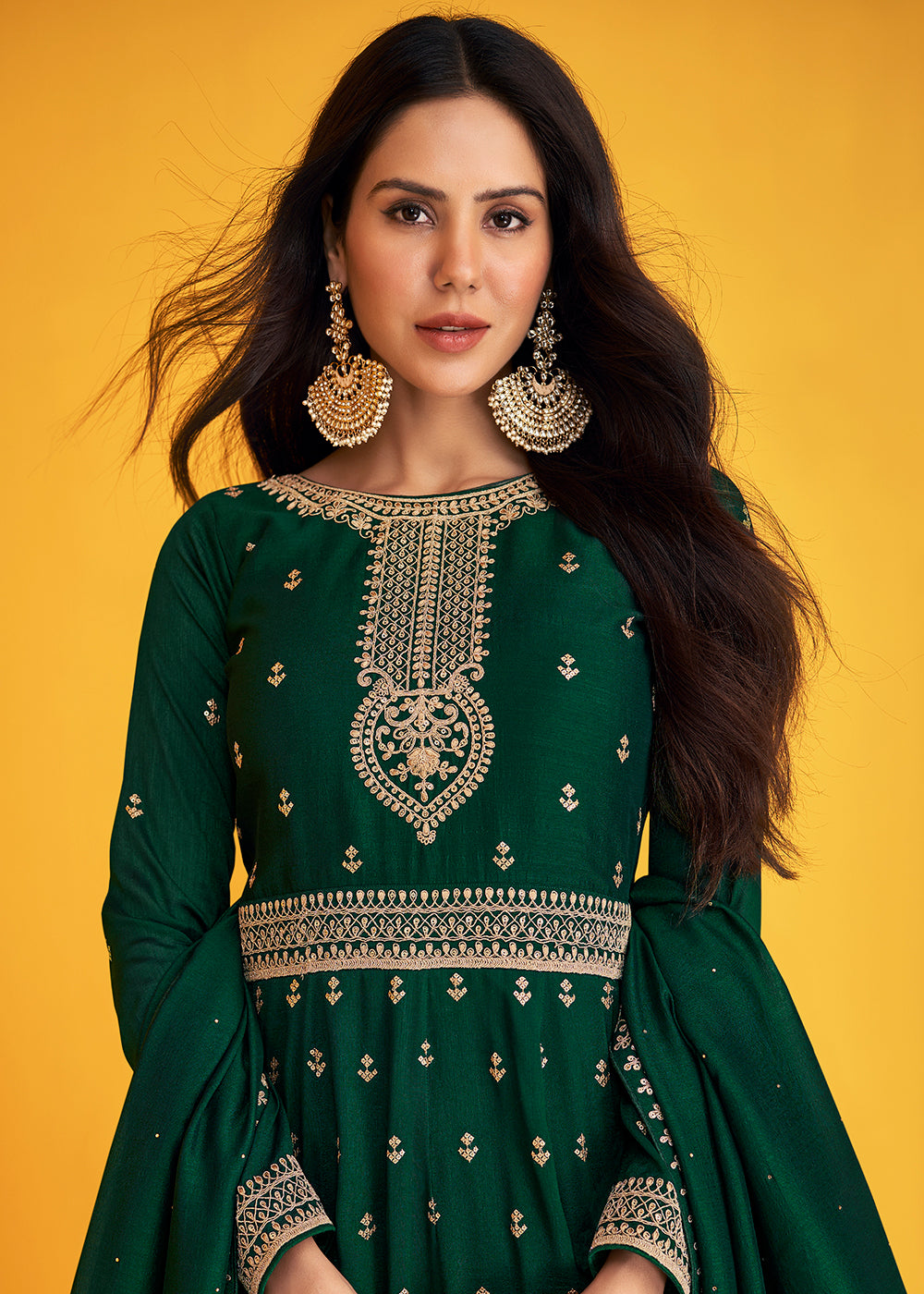 Shop Now Amazing Green Silk Festive Anarkali Suit Online featuring Sonam Bajwa at Empress Clothing in USA.
