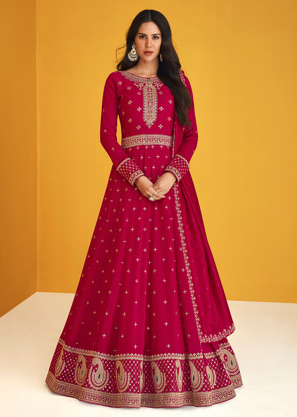 Shop Now Glamourous Hot Pink Silk Festive Anarkali Suit Online featuring Sonam Bajwa at Empress Clothing in USA.