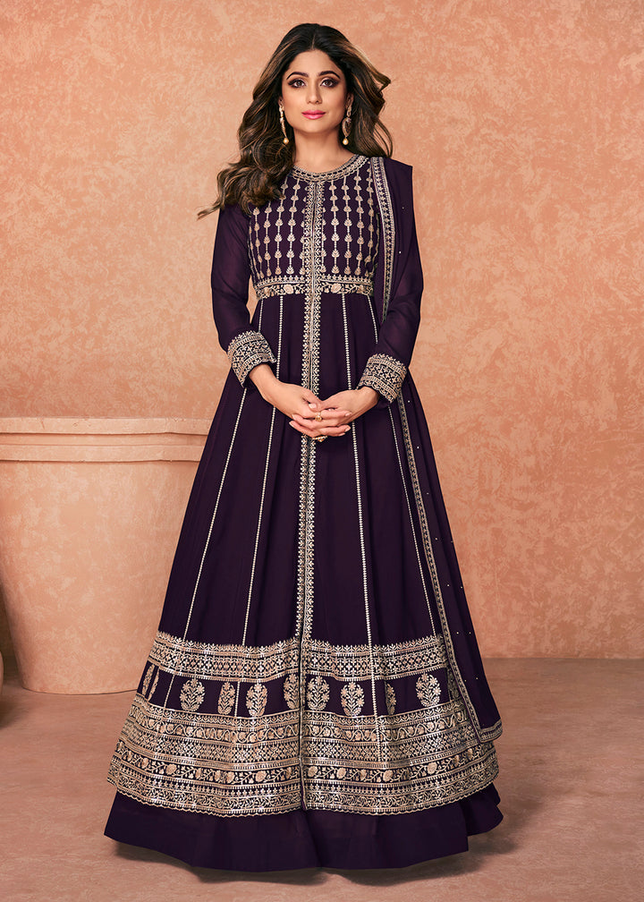Buy Georgette Embroidered Stunning Purple Anarkali - Long Anarkali Gown