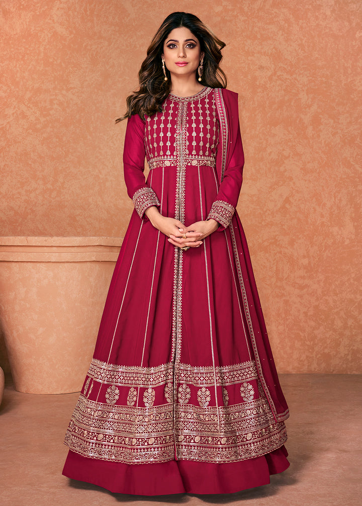 Buy Georgette Embroidered Attractive Pink Anarkali - Long Anarkali Gown