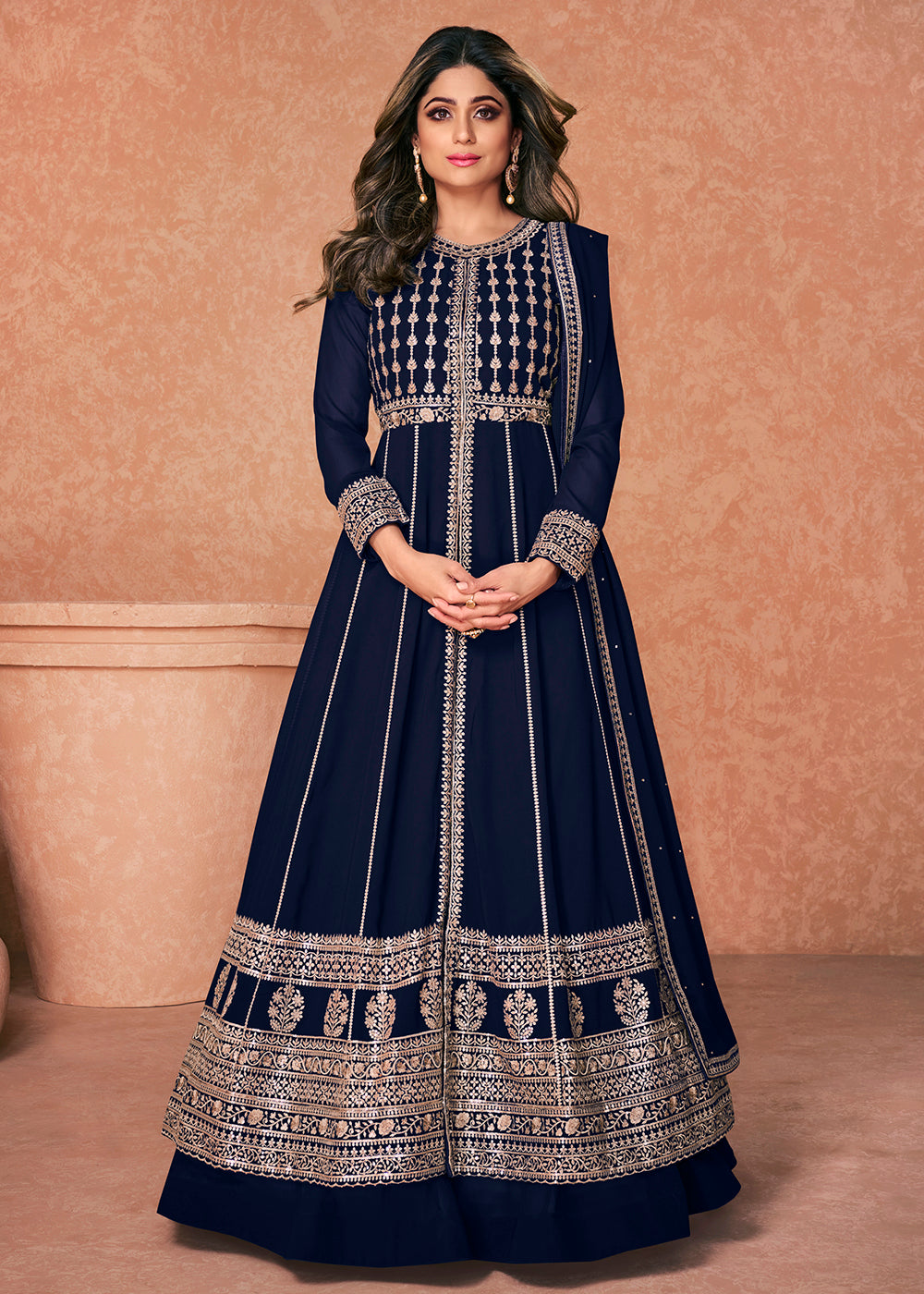 Buy Georgette Embroidered Navy Blue Anarkali - Long Anarkali Gown