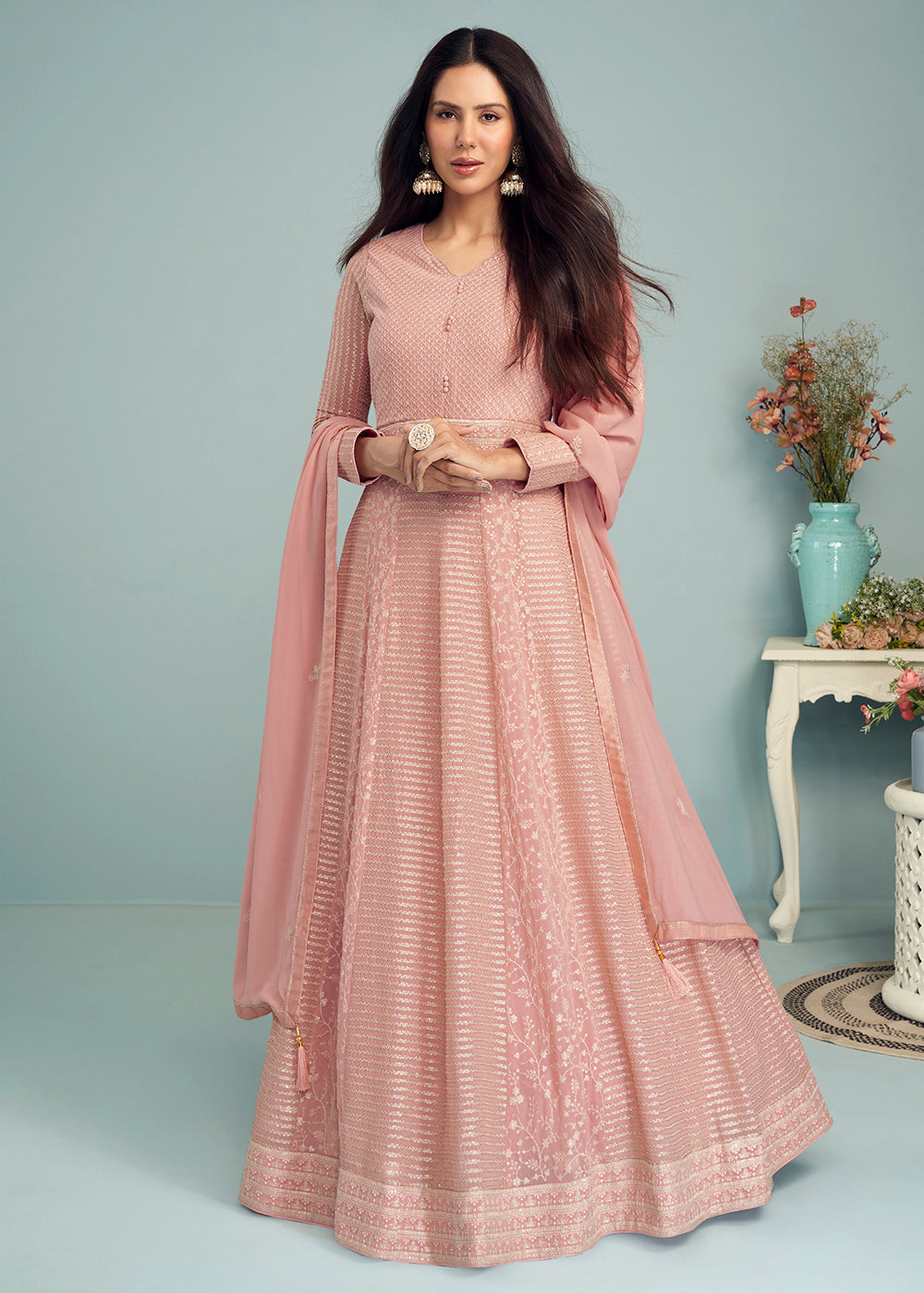 Shop Now Pleasing Peach Georgette Embellished Wedding Anarkali Suit Online featuring Sonam Bajwa at Empress Clothing in UK.