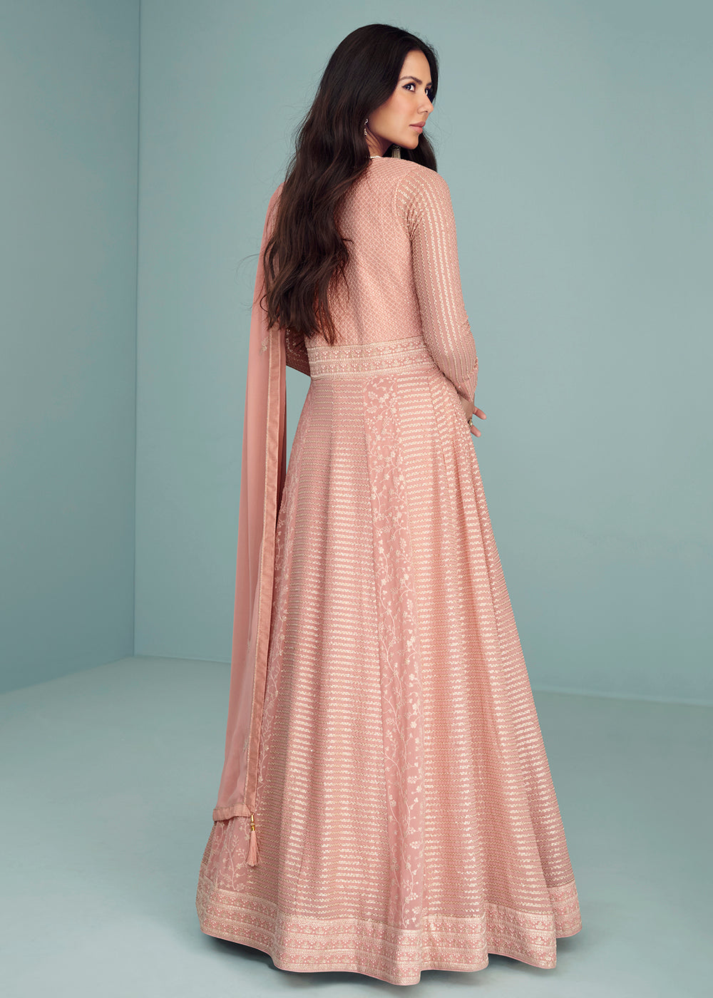 Shop Now Pleasing Peach Georgette Embellished Wedding Anarkali Suit Online featuring Sonam Bajwa at Empress Clothing in UK.