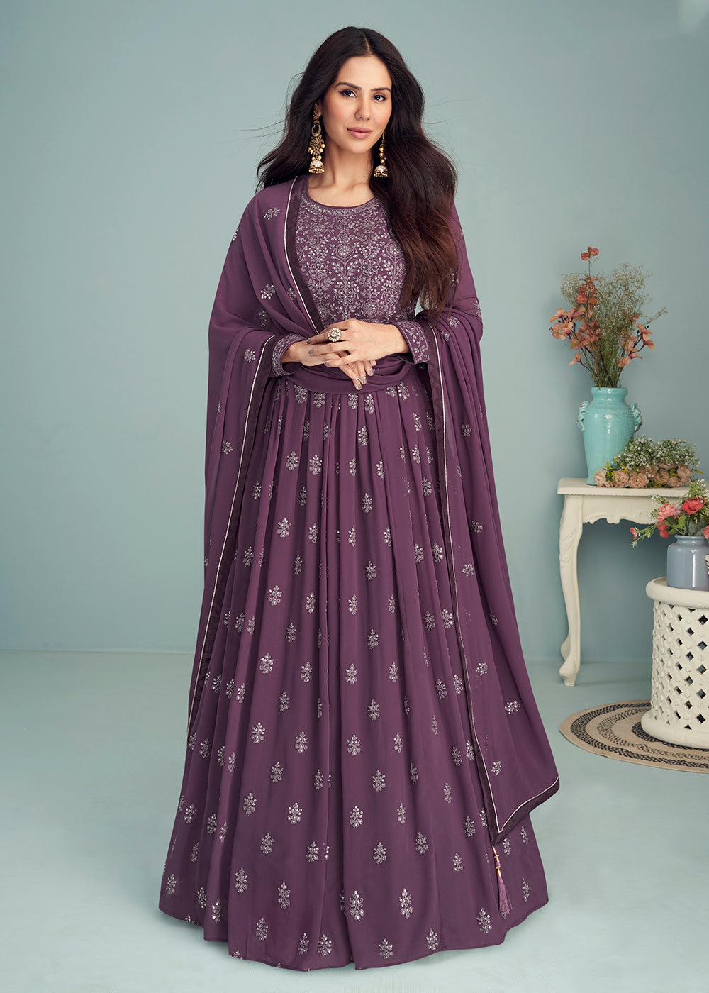 Shop Now Dusty Purple Georgette Embellished Wedding Anarkali Suit Online featuring Sonam Bajwa at Empress Clothing in UK. 