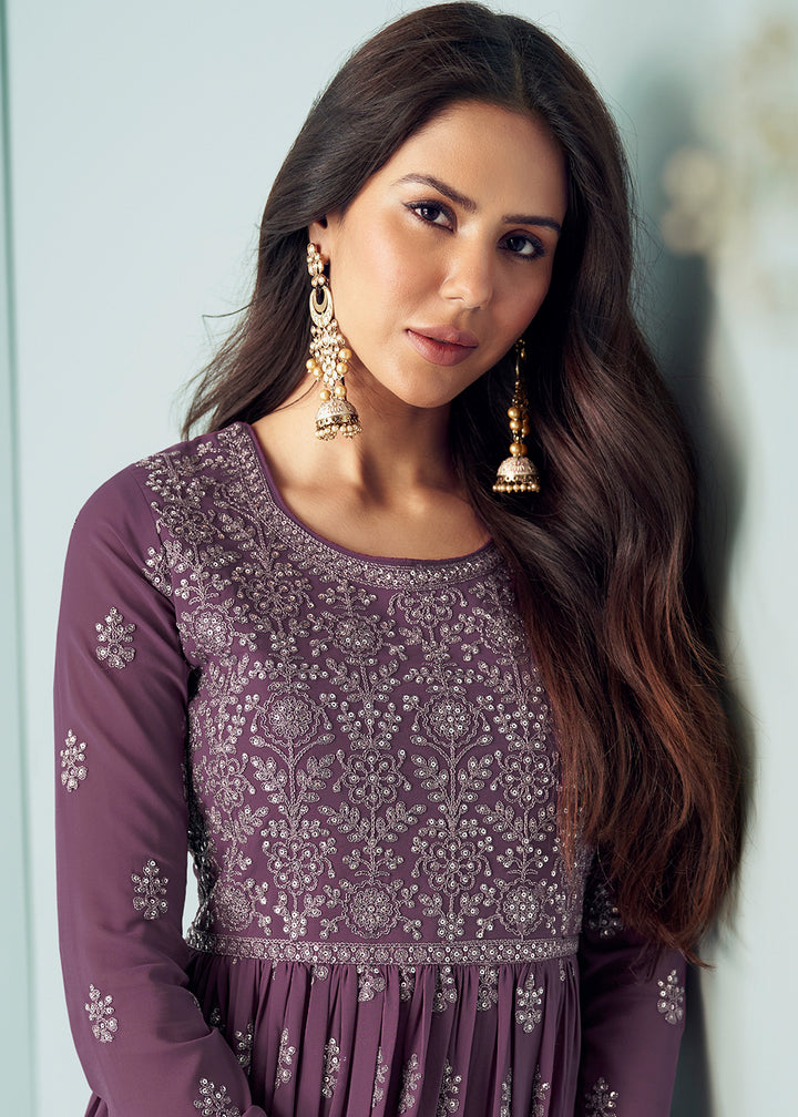 Shop Now Dusty Purple Georgette Embellished Wedding Anarkali Suit Online featuring Sonam Bajwa at Empress Clothing in UK. 