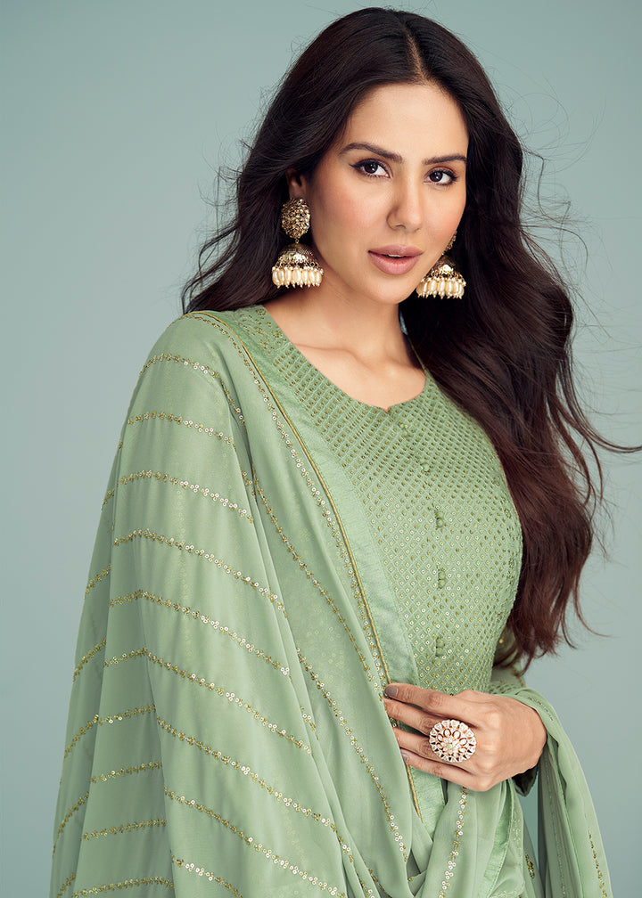 Shop Now Pastel Green Georgette Embellished Wedding Anarkali Suit Online featuring Sonam Bajwa at Empress Clothing in UK. 