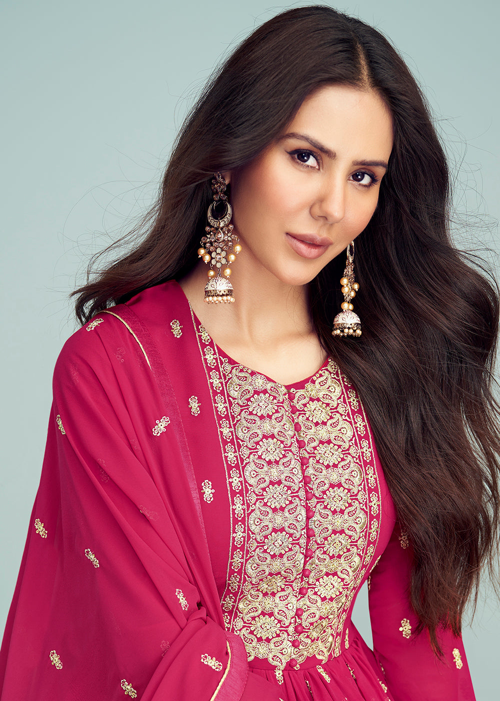 Shop Now Hot Pink Georgette Embellished Wedding Anarkali Suit Online featuring Sonam Bajwa at Empress Clothing in UK.