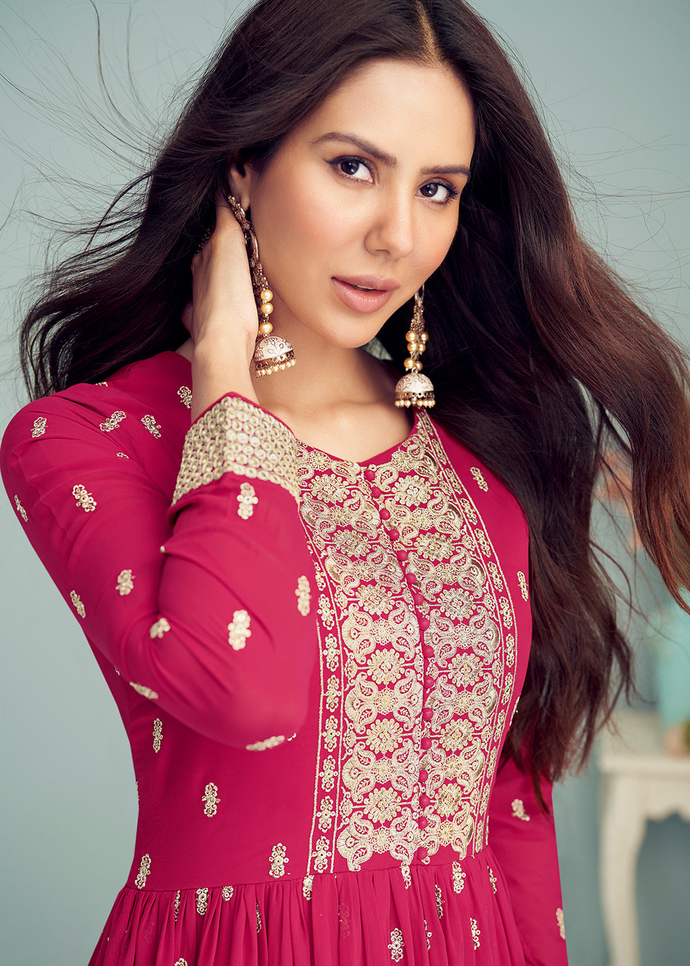 Shop Now Hot Pink Georgette Embellished Wedding Anarkali Suit Online featuring Sonam Bajwa at Empress Clothing in UK.