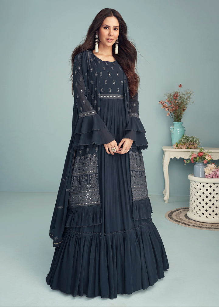 Shop Now Deep Navy Blue Georgette Embellished Wedding Anarkali Suit Online featuring Sonam Bajwa at Empress Clothing in UK. 