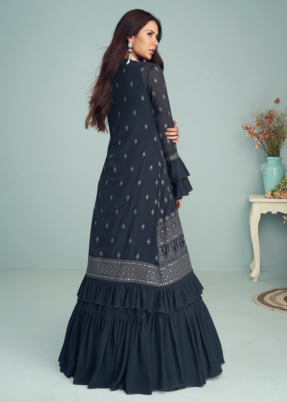 Shop Now Deep Navy Blue Georgette Embellished Wedding Anarkali Suit Online featuring Sonam Bajwa at Empress Clothing in UK. 