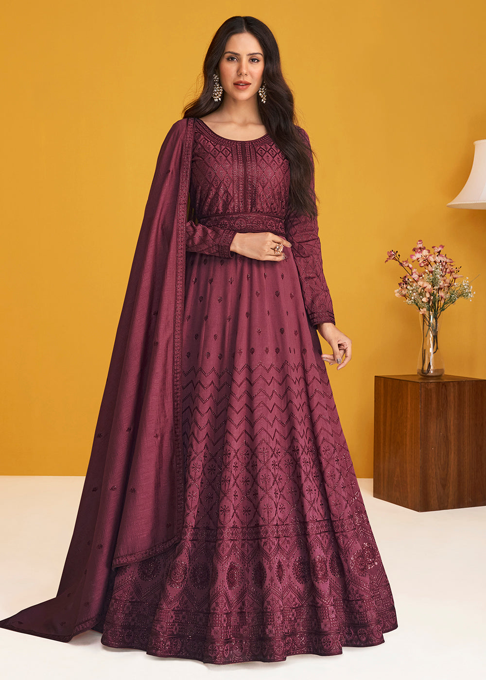 Buy Now Premium Silk Deep Wine Embroidered Wedding Anarkali Suit Online in USA, UK, Australia, New Zealand, Canada & Worldwide at Empress Clothing.