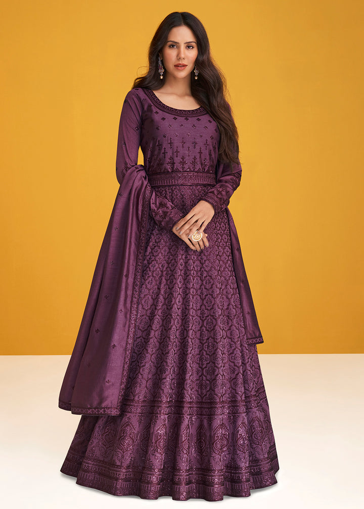 Buy Now Premium Silk Plum Purple Embroidered Wedding Anarkali Suit Online in USA, UK, Australia, New Zealand, Canada & Worldwide at Empress Clothing.