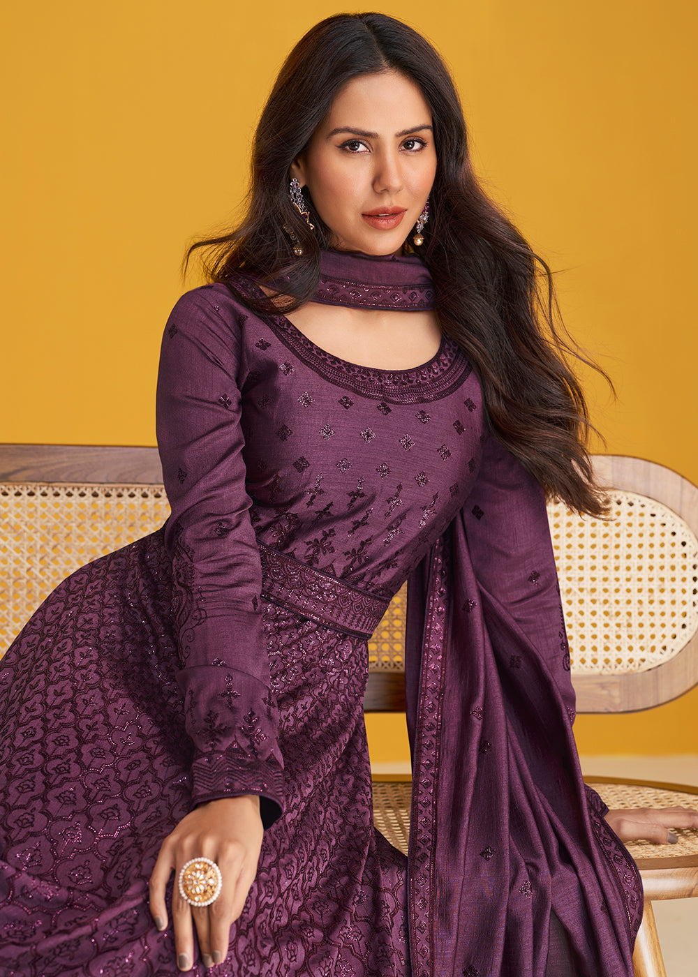 Buy Now Premium Silk Plum Purple Embroidered Wedding Anarkali Suit Online in USA, UK, Australia, New Zealand, Canada & Worldwide at Empress Clothing.