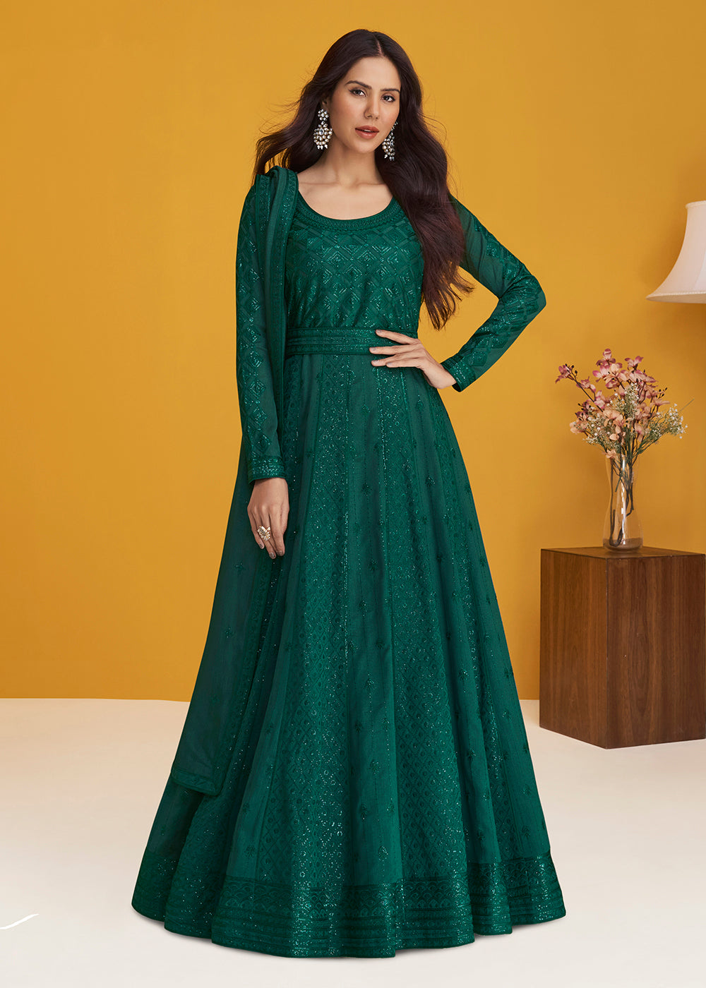 Buy Now Premium Silk Dark Green Embroidered Wedding Anarkali Suit Online in USA, UK, Australia, New Zealand, Canada & Worldwide at Empress Clothing. 