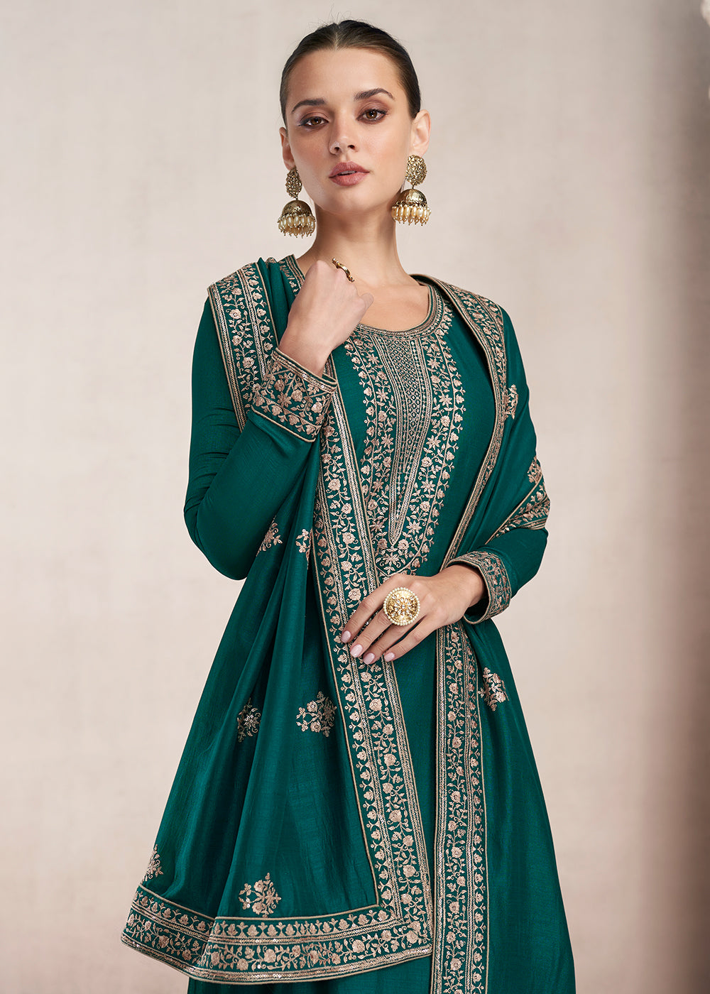 Buy Straight Cut Bottle Green Silk Salwar Suit - Festive Salwar Kameez