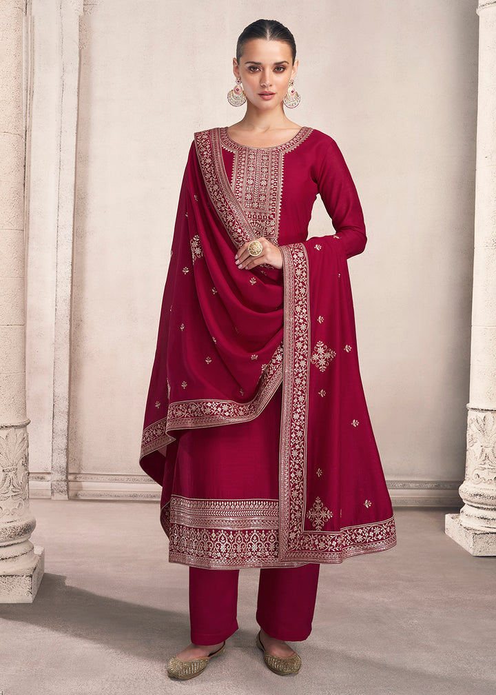 Buy Straight Cut Magenta Pink Silk Salwar Suit - Festive Salwar Kameez