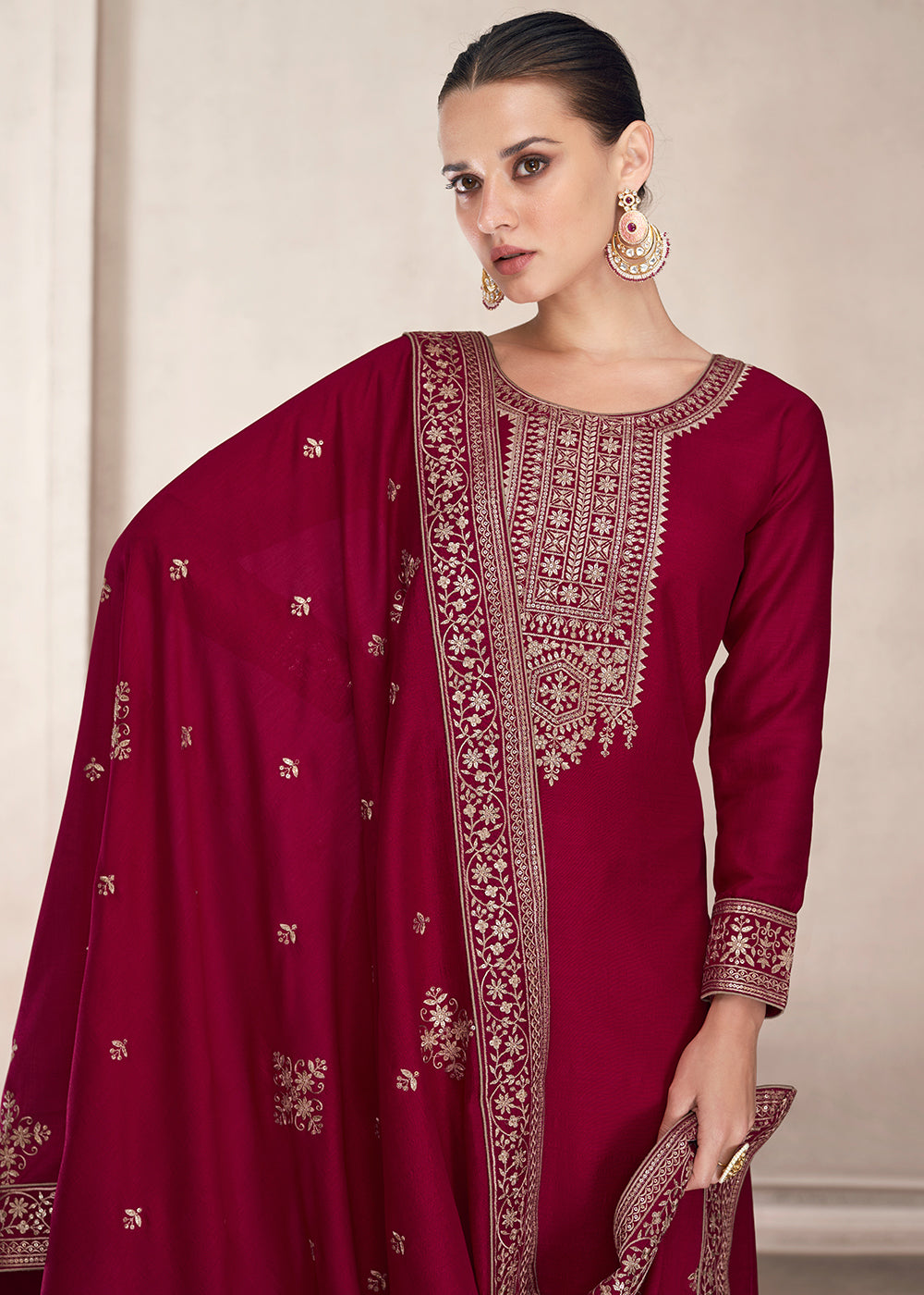 Buy Straight Cut Magenta Pink Silk Salwar Suit - Festive Salwar Kameez