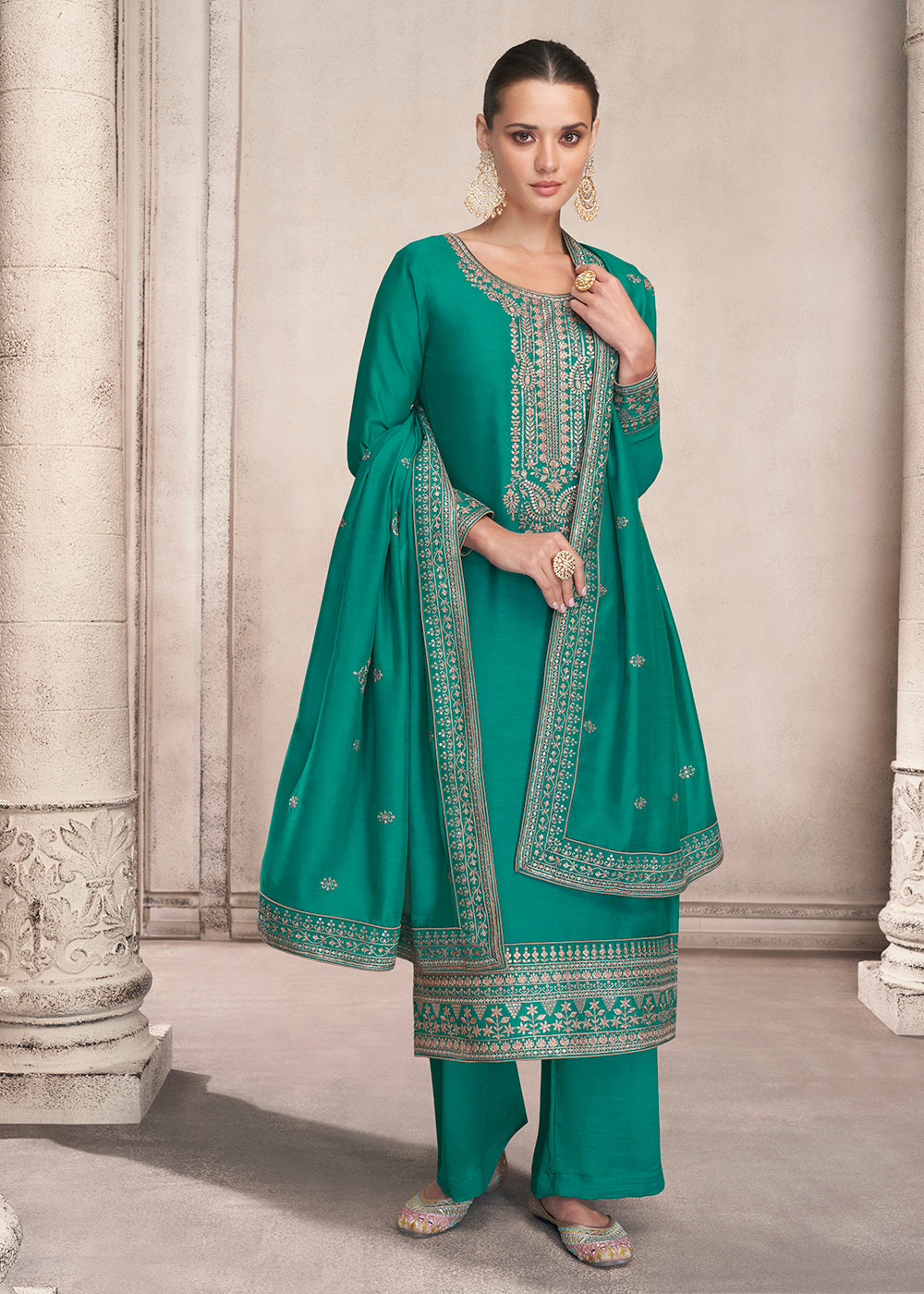 Buy Straight Cut Turquoise Silk Salwar Suit - Festive Salwar Kameez