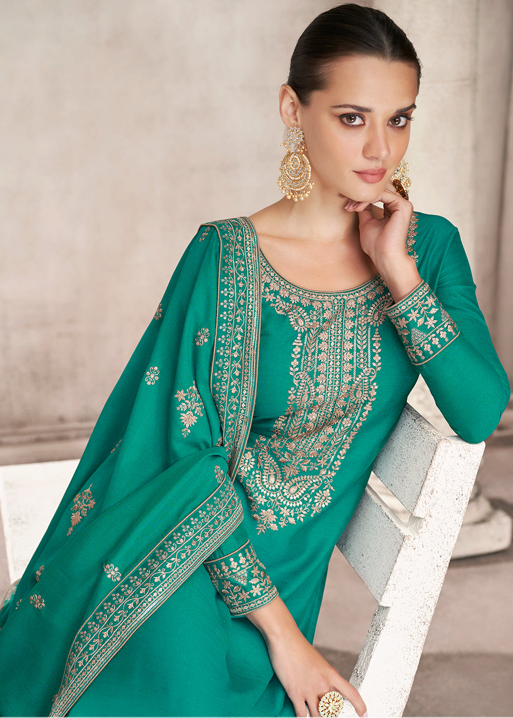 Buy Straight Cut Turquoise Silk Salwar Suit - Festive Salwar Kameez