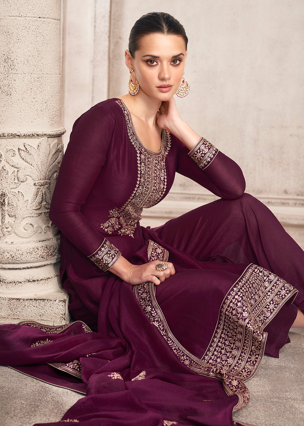 Buy Straight Cut Mulberry Purple Silk Suit - Festive Salwar Kameez