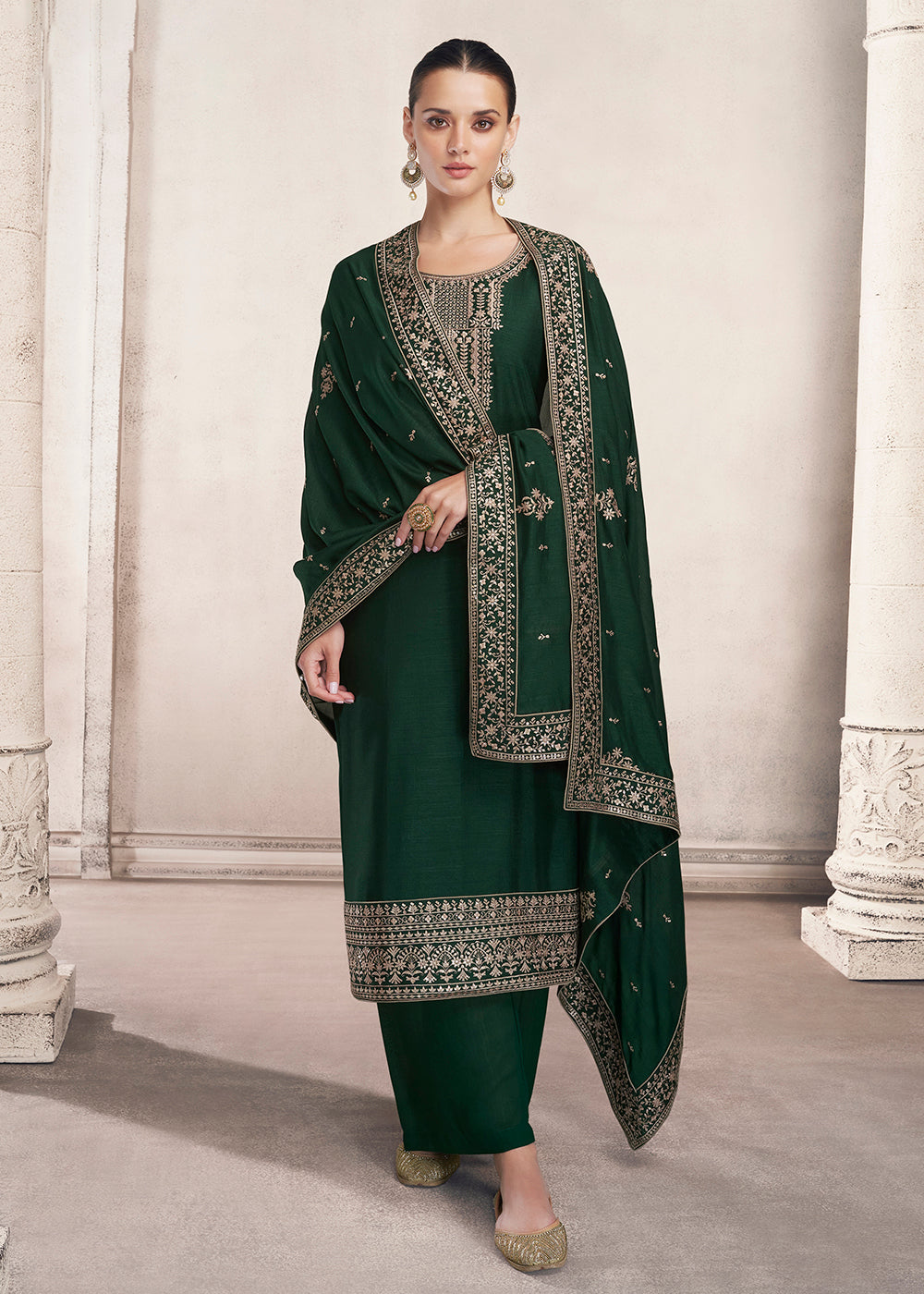 Buy Straight Cut Dark Green Silk Salwar Suit - Festive Salwar Kameez