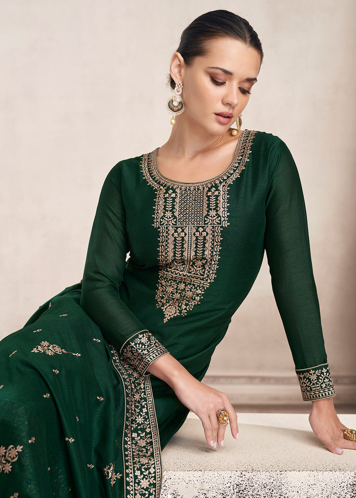 Buy Straight Cut Dark Green Silk Salwar Suit - Festive Salwar Kameez