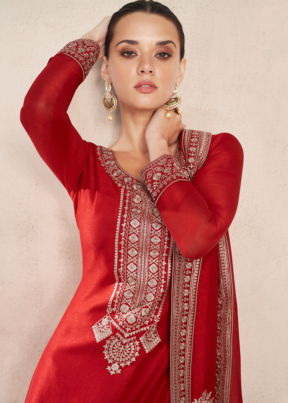 Buy Straight Cut Bright Red Silk Salwar Suit - Festive Salwar Kameez