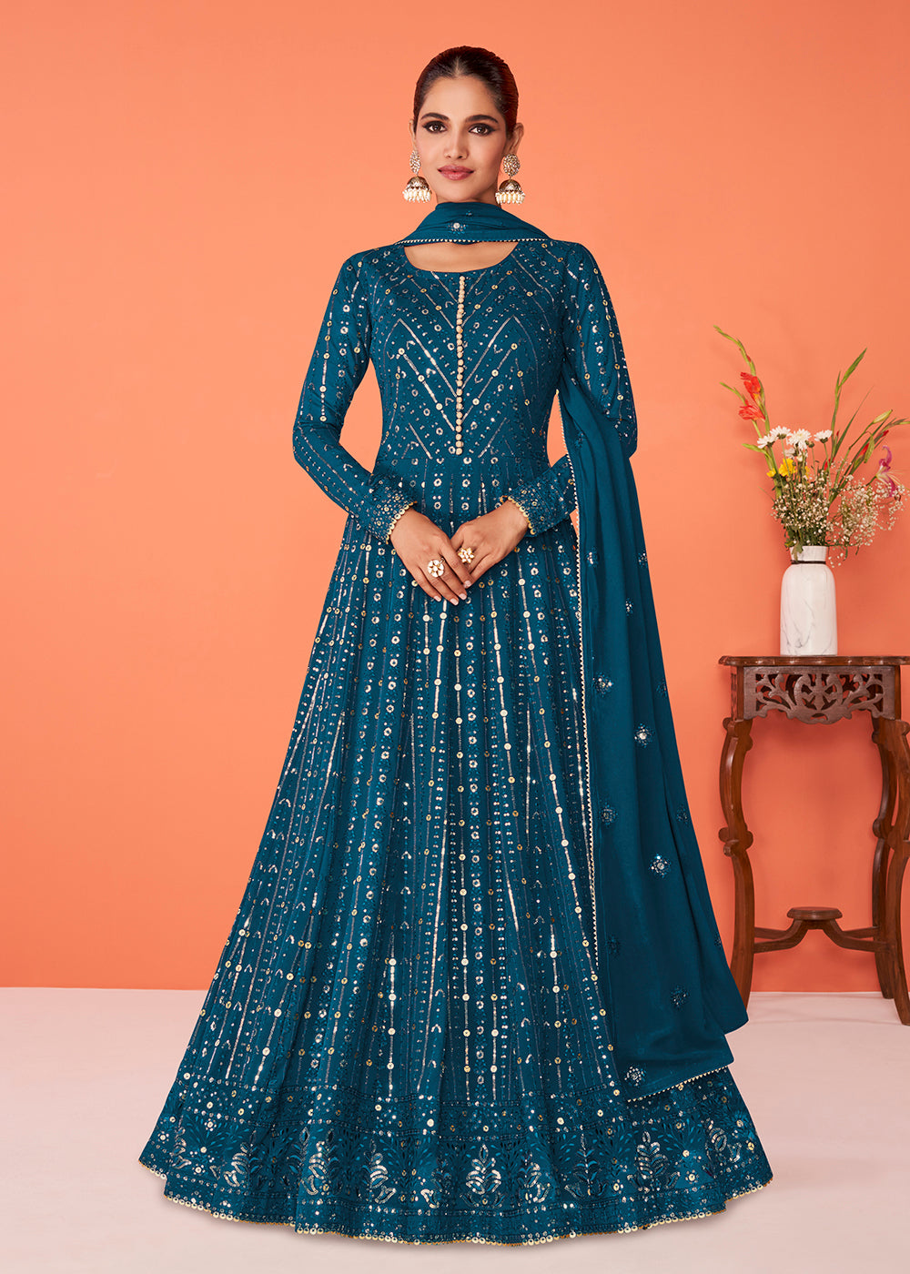 Shop Now Vivacious Teal Blue Georgette Festive Anarkali Suit Online featuring Vartika SIngh at Empress Clothing in USA.