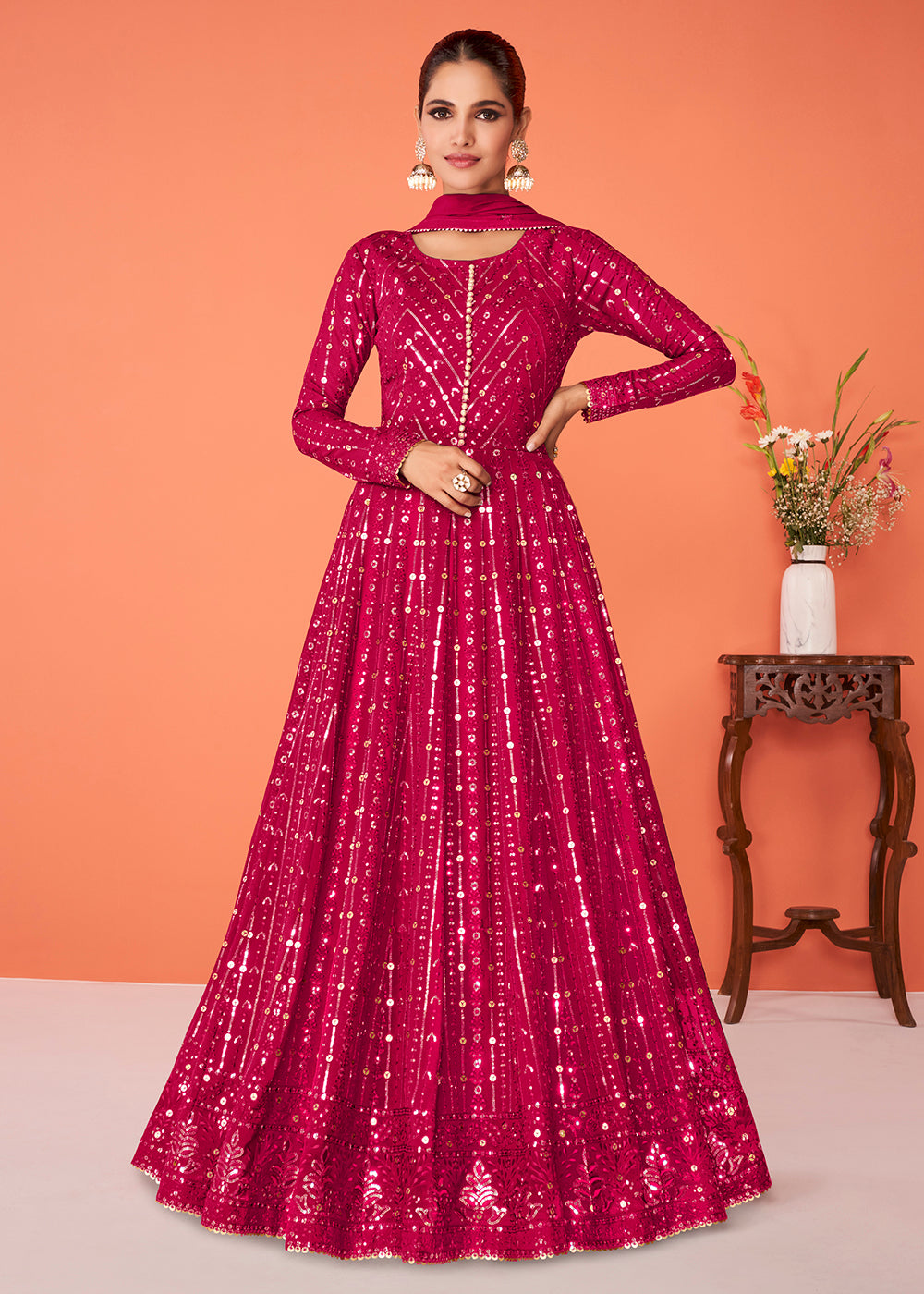 Shop Now Precious Rani Pink Georgette Festive Anarkali Suit Online featuring Vartika SIngh at Empress Clothing in USA.