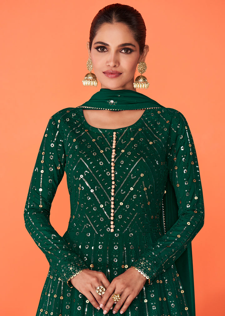 Shop Now Luxurious Dark Green Georgette Festive Anarkali Suit Online featuring Vartika SIngh at Empress Clothing in USA.