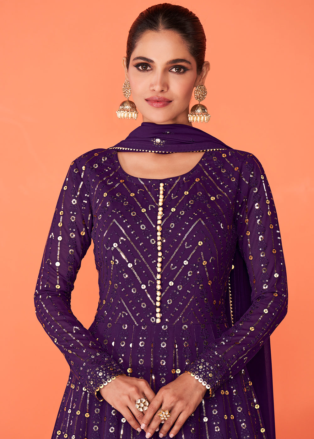 Shop Now Exceptional Purple Georgette Festive Anarkali Suit Online featuring Vartika Singh at Empress Clothing in USA. 