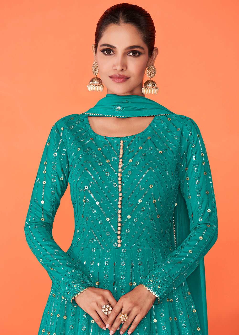Shop Now Majestic Turquoise Georgette Festive Anarkali Suit Online featuring Vartika Singh at Empress Clothing in USA