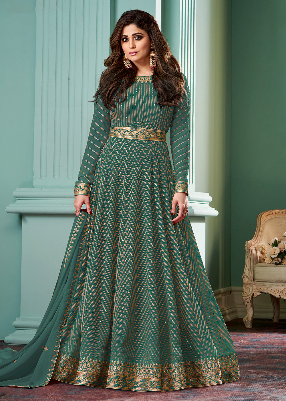 Shop Now Pure Green Belt Style Anarkali Gown Online featuring Shamita Shetty at  Empress Clothing in USA.