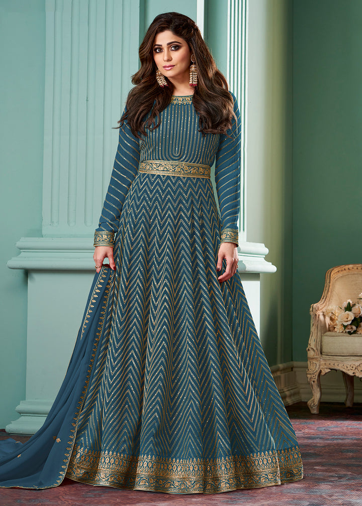 Shop Now Teal Blue Belt Style Anarkali Gown Online featuring Shamita Shetty at  Empress Clothing in USA.