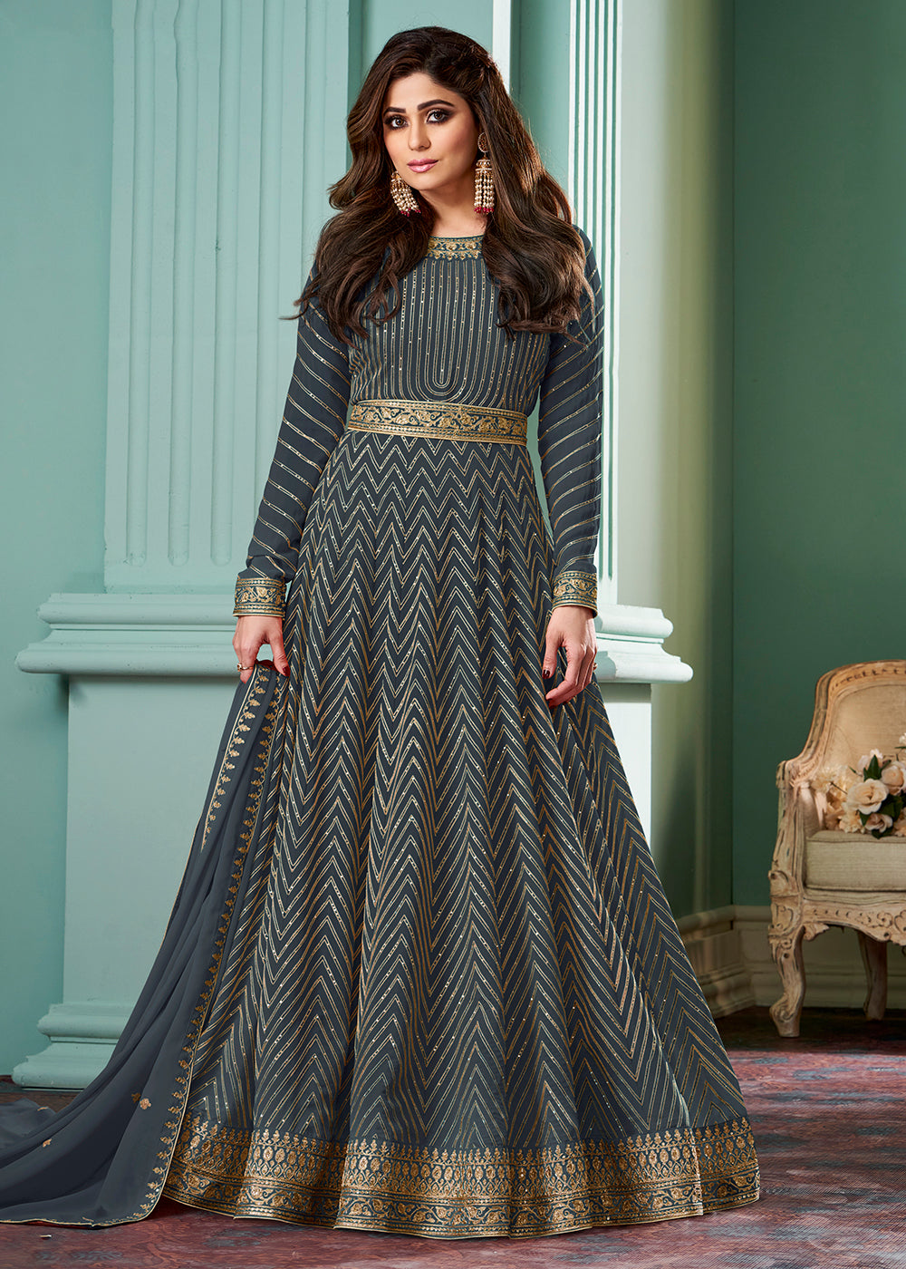 Shop Now Classy Grey Belt Style Anarkali Gown Online featuring Shamita Shetty at  Empress Clothing in USA.